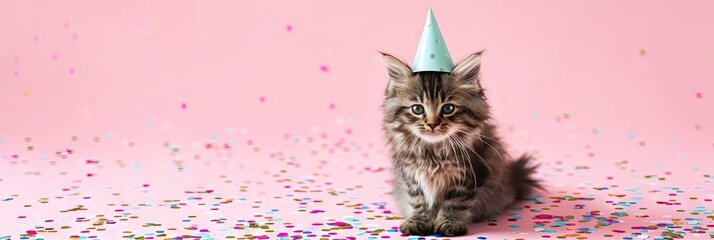 Happy kitty cat wearing birthday hat with colorful confetti on pink background and plenty of copy space