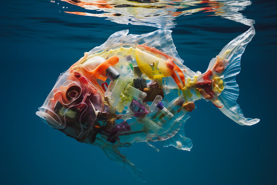 Fish silhouette made of plastic trash in the ocean. Generative AI image