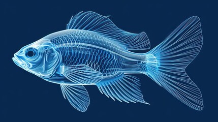 a close up of a fish on a blue background with a light reflection on the side of the fish's body and back end of the fish's body. - obrazy, fototapety, plakaty