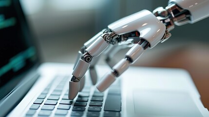 robot hand typing on computer - obrazy, fototapety, plakaty