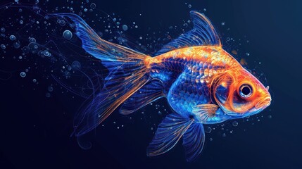  a close up of a goldfish with bubbles of water on it's back and a blue background with bubbles of water on it's sides and a black background.