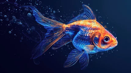 Fotobehang  a close up of a goldfish with bubbles of water on it's back and a blue background with bubbles of water on it's sides and a black background. © Nadia