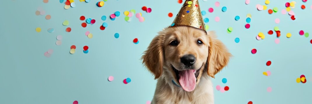 Happy golden retriever puppy dog wearing birthday hat with colorful confetti on blue background and plenty of copy space