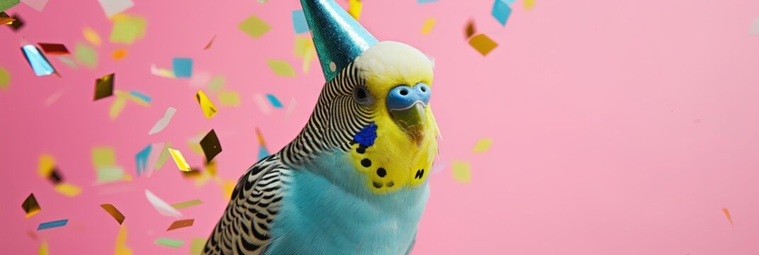 Happy parakeet wearing birthday hat with colorful confetti on pink background and plenty of copy space