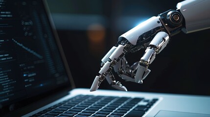 Closeup of robot hand using laptop computer. Artificial intelligence concept