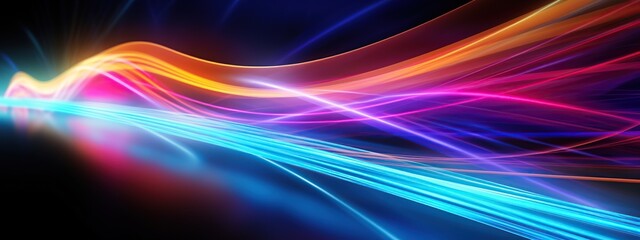 Fototapeta premium Colorful neon lines waves for high speed network, data transfer and internet connection technology futuristic background. Created with Generative AI