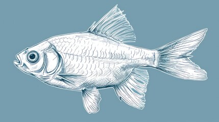  a black and white drawing of a fish on a blue background with a caption in the bottom right corner of the image that reads, a black and white drawing of a fish on a blue background.