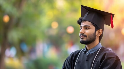 Young Indian guy wearing a graduate cap on a blurred background with space for text