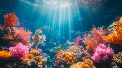 Natural coral reef vivid background, underwater view with fish