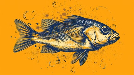  a black and yellow fish with bubbles on it's body and a black and white drawing of a fish on the side of it's body, on a yellow background.