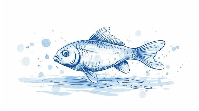  a drawing of a fish that is swimming in a body of water with bubbles on the bottom of the water and a blue line drawing of a fish on the bottom of the image.