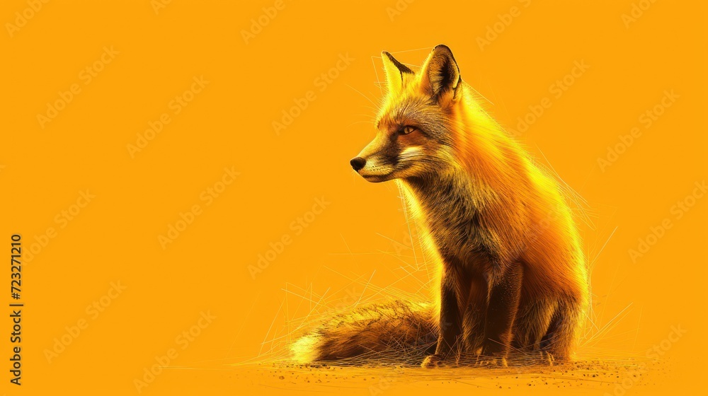Poster a close up of a fox on a yellow background with a blurry image of the fox on the right side of the i