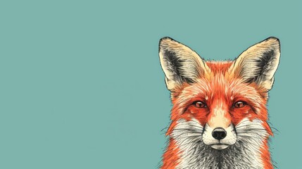  a close up of a red fox's face on a blue background with the words, fox on the left side of the image, and the fox on the right side of the image.