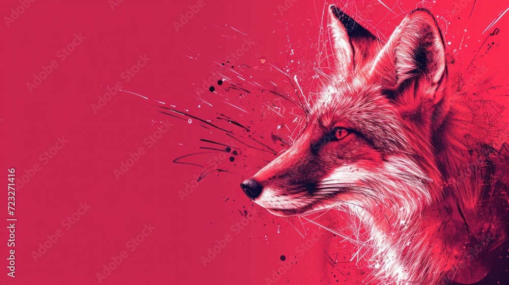 Poster a close up of a red fox's face with paint splatters on it's face and behind it is a red background w
