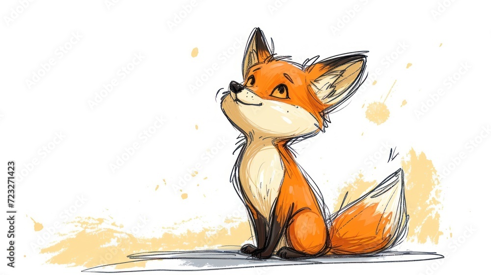 Poster a drawing of a red fox sitting on the ground with its head turned to look like it's looking at somet