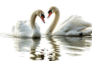 Fototapeta premium beautiful couple white swan birds swim in water on white background