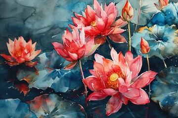 watercolor illustration closeup of beautiful pink lotus waterlily flowers with leaves on the water - obrazy, fototapety, plakaty
