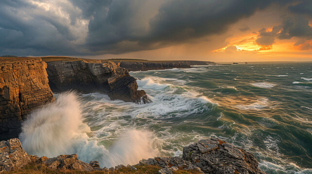 Fototapeta A rugged coastline with crashing waves and dramatic cliffs under a stormy sky.
