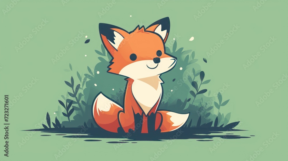 Poster a red fox sitting on top of a field of grass next to a leafy green background with the words happy f