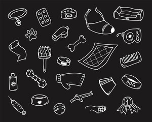Doodle pet accessories. Food, toys, hand drawn elements for dog, pet, puppy. Vector icons for vet shops, clinic, grooming salon or pet caring