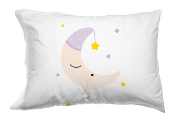Soft pillow with printed cute crescent moon isolated on white