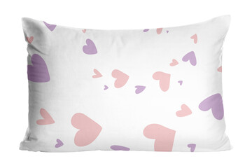 Soft pillow with printed hearts isolated on white