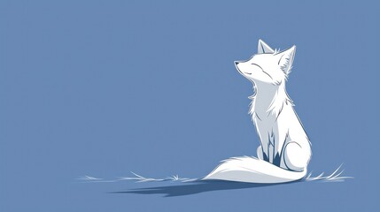  a drawing of a white fox sitting on the ground looking off into the distance, with a blue sky behind it and a shadow of the fox on the ground.
