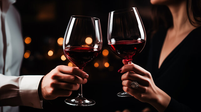 Couple in love drinking wine. Romantic date with glasses of red wine at restaurant. Cheers. Clinking glasses with alcohol and toasting, party