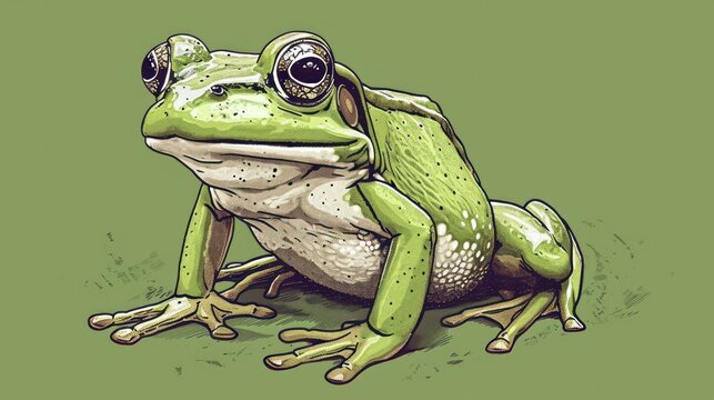  A Drawing Of A Green Frog Sitting On The Ground With Its Eyes Wide Open And A Pair Of Glasses On It's Head Are On Top Of The Frog's Head.