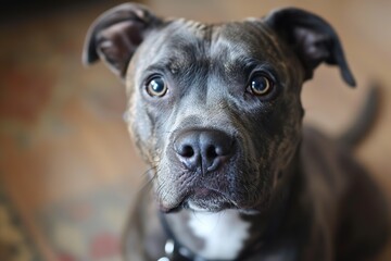 portrait of a adorable gray pitbull dog at home attentively looking at camera