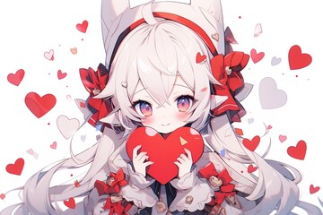 Obraz na płótnie Canvas kawaii anime girl with white hair holding a red heart