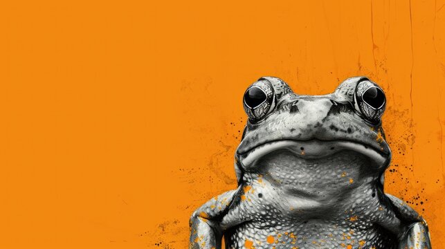  a close up of a frog's face on an orange background with a grungy spot on the bottom half of the frog's face and bottom half of the frog's face.