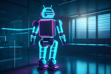 A translucent neon android robot stands in an empty office, a room with large windows and holds a translucent suitcase. Futuristic illustration. Gift or delivery, close up view.
