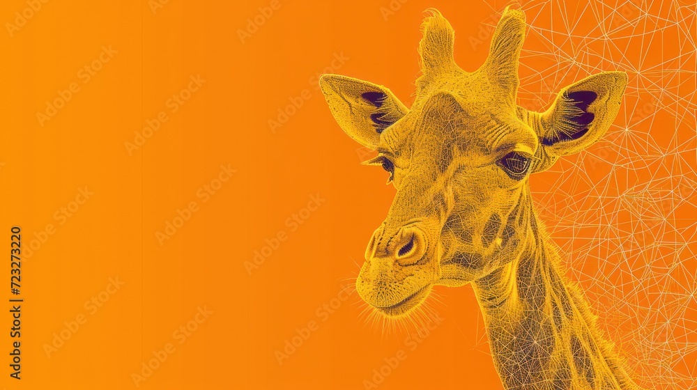 Poster  a close up of a giraffe's face on an orange background with a pattern of lines in the middle of the image and bottom half of the giraffe's head.