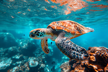 Fototapeta premium Sea turtle swimming in the under sea