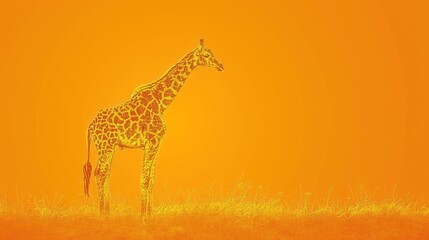  a giraffe standing in the middle of a field with an orange sky in the background and grass in the foreground, and a yellow sky in the background.
