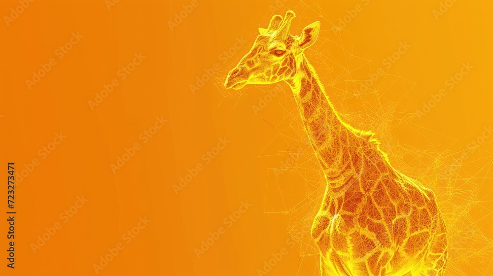 Poster a giraffe standing in front of a yellow background with lines in the shape of the head and neck of a