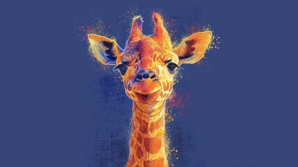  a close up of a giraffe's face on a blue background with spots of paint splattered all over the top of it's neck.