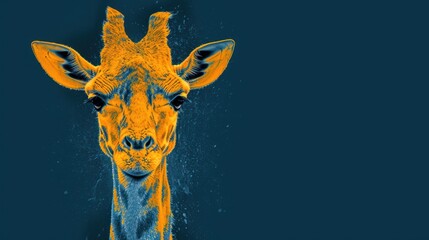  a close up of a giraffe's face with water splashing on it's face and a blue background with a yellow and blue border around the neck.