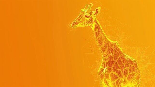  a giraffe standing in front of a yellow background with lines in the shape of the head and neck of a giraffe in the foreground of the image.