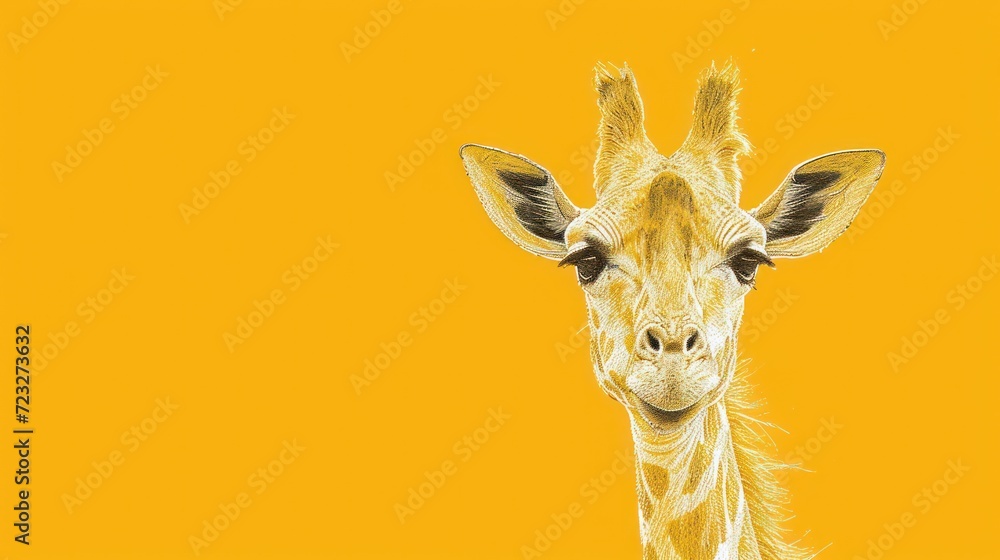Aufkleber a close up of a giraffe's face on a yellow background with only the head of a giraffe in the foregro