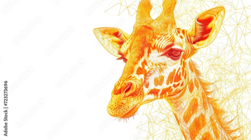 Poster a close up of a giraffe's head with a pattern on the back of it's head and a white background behind