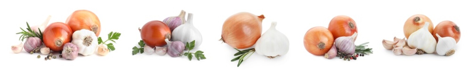 Fresh garlic, onions, herbs and peppercorns isolated on white, set