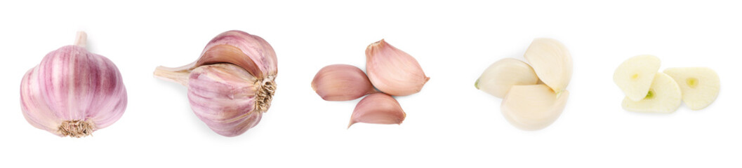 Peeling and cutting fresh garlic isolated on white, collage