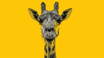  a close up of a giraffe's face on a yellow background with a black and white drawing of a giraffe's head on it.