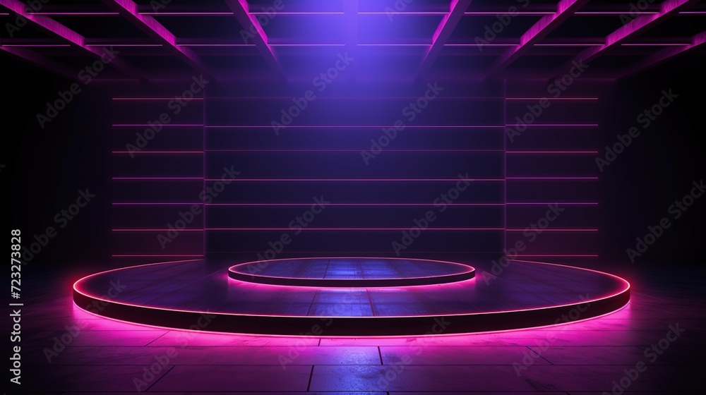 Poster empty dark stage show with neon light. podium for dance with glowing light. created with generative 