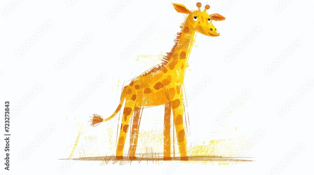 Poster a drawing of a giraffe standing in the middle of a field with its head turned to the side and it's n