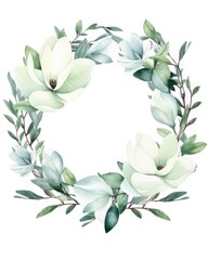 Watercolor Floral Wreath with Magnolias, Green Leaves and Branches for Wedding, Greeting
