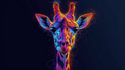  a close up of a giraffe's face with colored lines on it's face and a black background with a blue sky in the back ground.