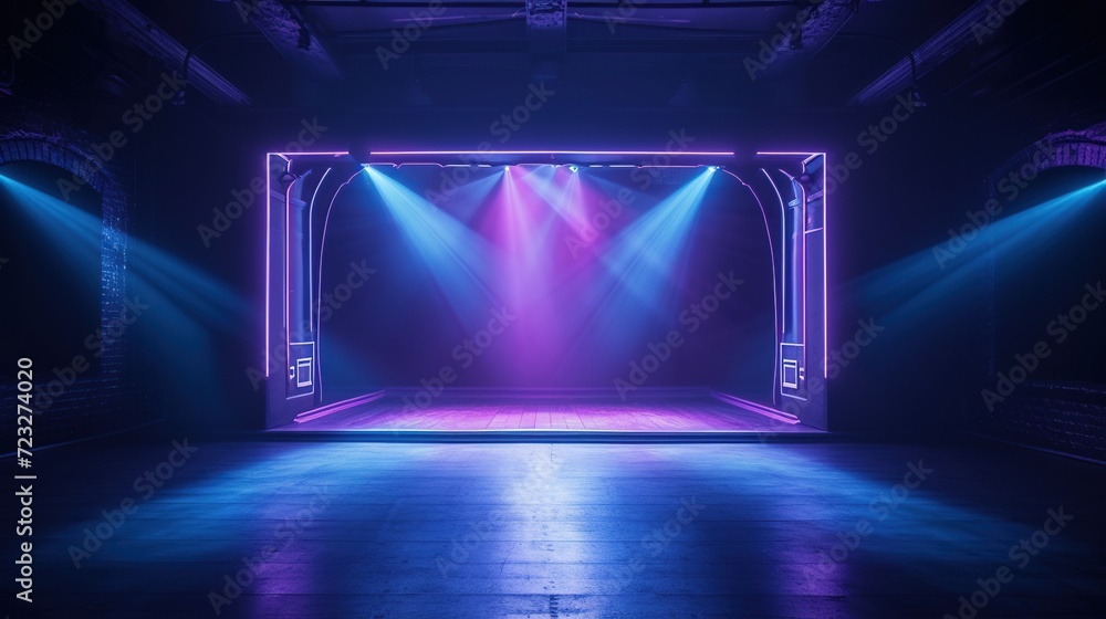Poster empty dark stage show with neon light. podium for dance with glowing light. created with generative 